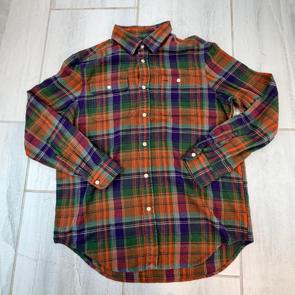 Polo Ralph Lauren Boys XL 18-20 Plaid Flannel Button Down Shirt Orange Green